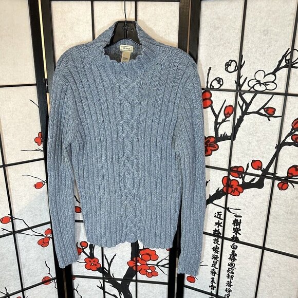 L.L. Bean Cable Knit Chunky Thick Fisherman Sweater Womens Size L Blue Mock Neck - Picture 5 of 5